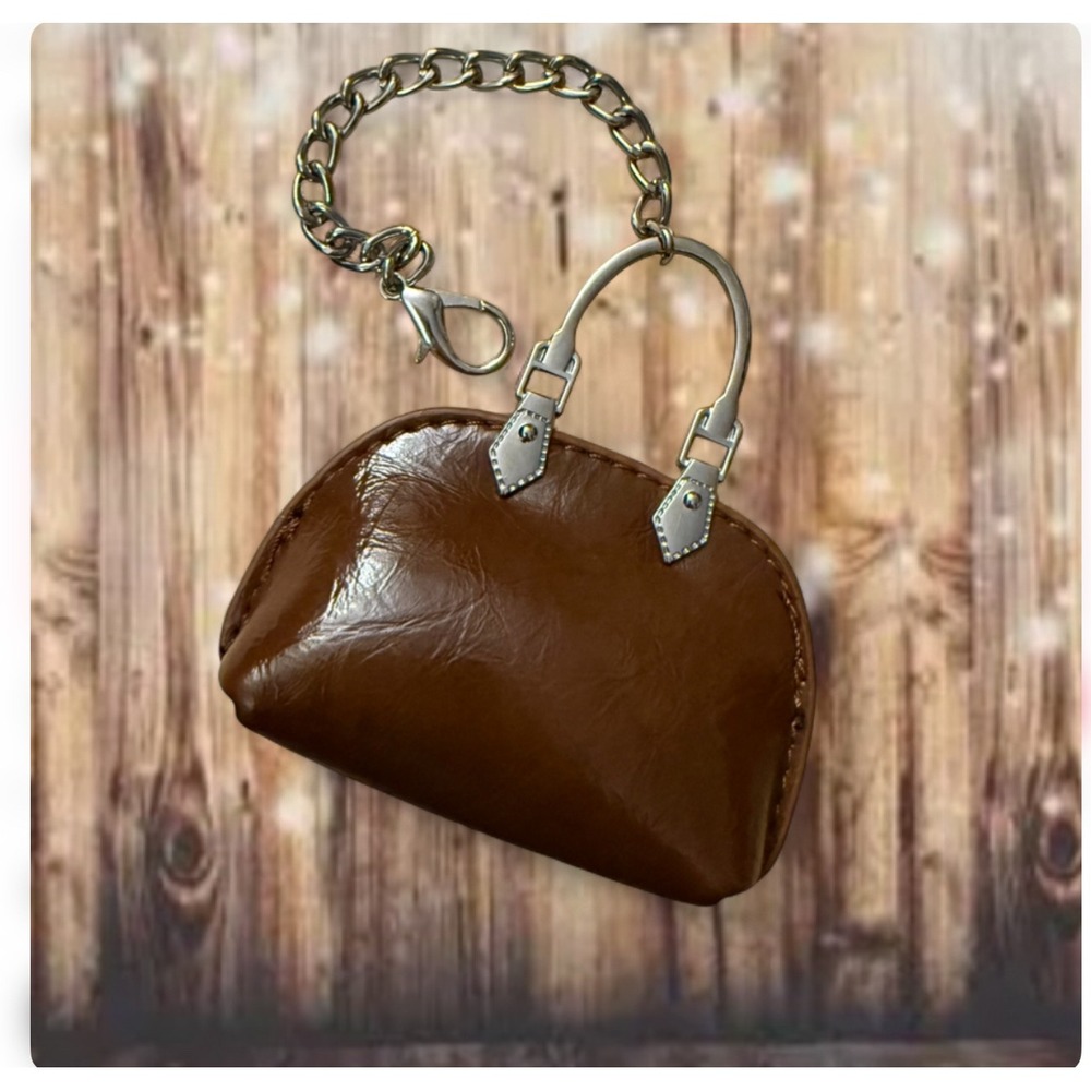 Miniature Brown Faux Leather Handbag Keychain Charm Silver Hardware Accessory